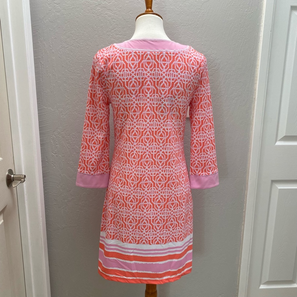 Cabana Life/Talbots Embroidered Tunic Dress Contrast Neckline Coral Lattice S - Picture 3 of 14